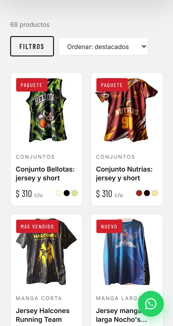 El catálogo de Creativo Stampa abierto en un celular: playeras y jerseys con foto y precio
